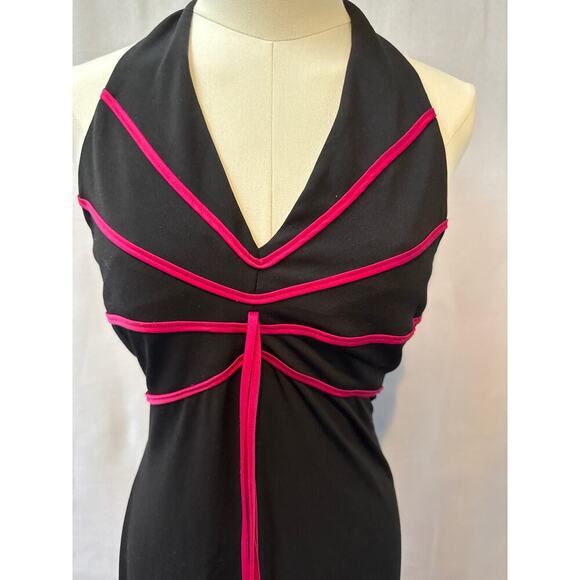 Women’s Cache Black Open Back Dress with Pink Ribbed Accents Sz 4 - Picture 2 of 4